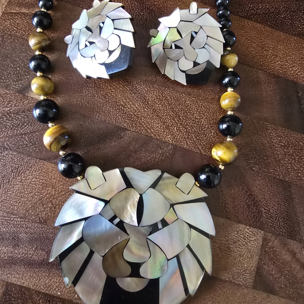Lion Mother Of Pearl Inlay Necklace and Earrings Set